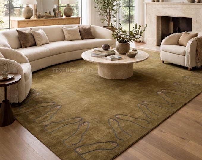 TD Olive Wool & Silk Rug with Modern Abstract Border Design for Living Room Carpet