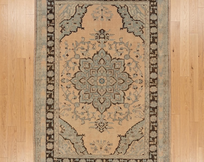 Hand Knotted Wool Rug | Vintage Oushak Style Green Carpet