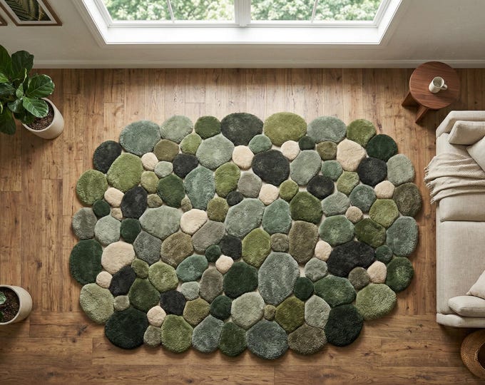 Hand Tufted Green Pebble Rug | Neutral Soft Wool Area Carpet