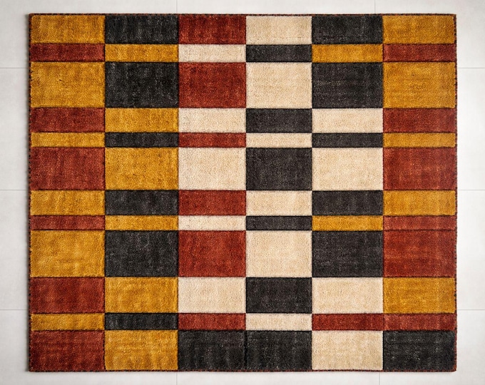 Artisan Handloom Patchwork Rug, Geometric Area, Heavy Traffic Carpet, Living Room Hallway Statement