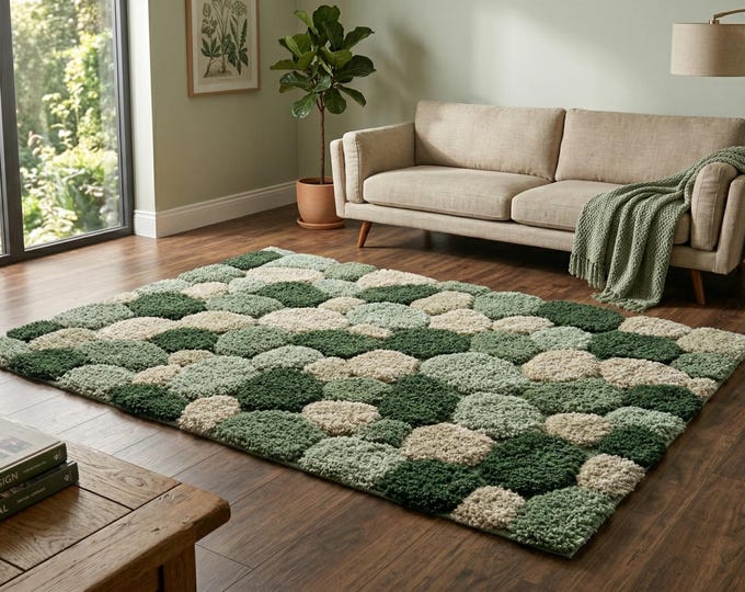 Hand Tufted Green Pebble Rug | Neutral Soft Wool Area Carpet