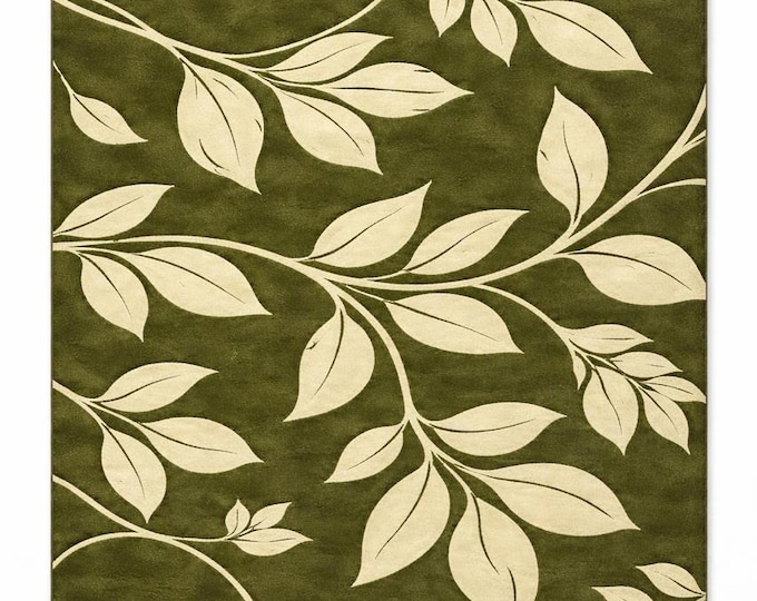 Olive Green Botanical Hand Tufted Rug | Mid Century Modern Leaf Carpet