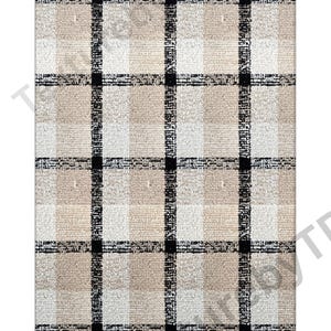 May include: A rectangular rug with a plaid pattern. The rug features a grid of beige, off-white, and black squares. The black squares are concentrated along the vertical and horizontal lines, creating a bold contrast. The rug has a textured appearance.