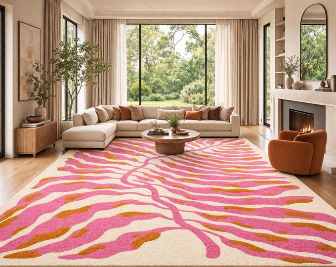 Hand-Tufted Wool Rug | Geometric Abstract Patchwork, Pink Statement Carpet