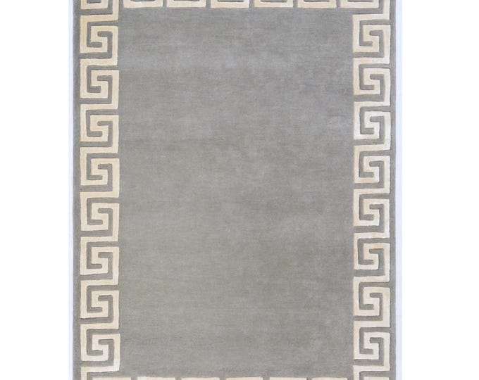 Hand-tufted Wool Greek Key Rug, Modern Minimalist Carpet, Grey-Blue Ivory, Contemporary Handmade Floor Covering