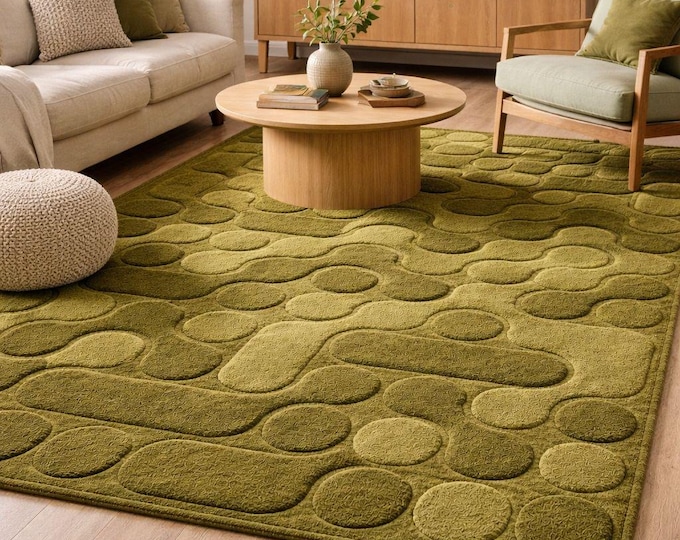 Moss green flow pebble grid wool carpet