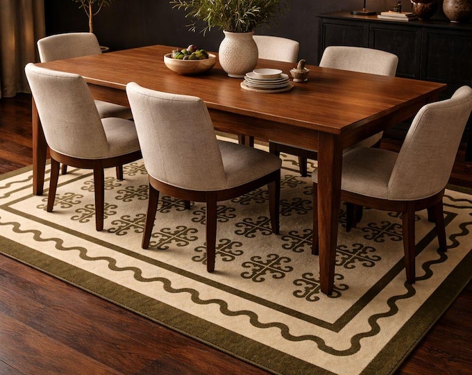 Handmade Wool Geometric Rug – Olive Green, Cream Japandi Pattern Carpet