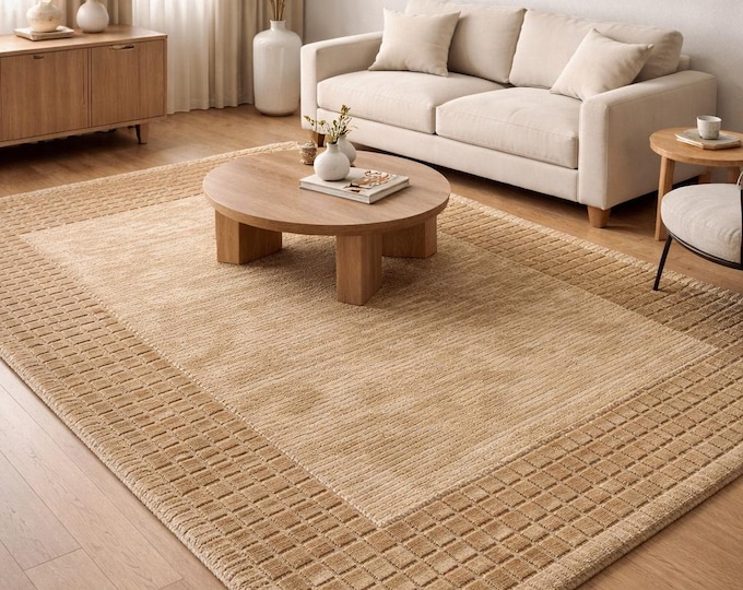 Hand-Loom Wool Area Rug,Neutral Textured Rug with Geometric Border | Modern Minimalist Handmade Carpet