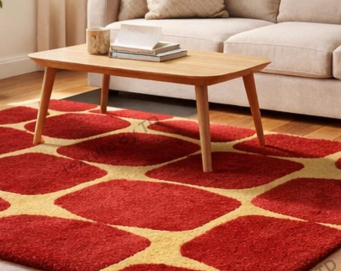 Hand Tufted Wool Area Rug | Retro Geometric Block Design, Red Mustard Carpet