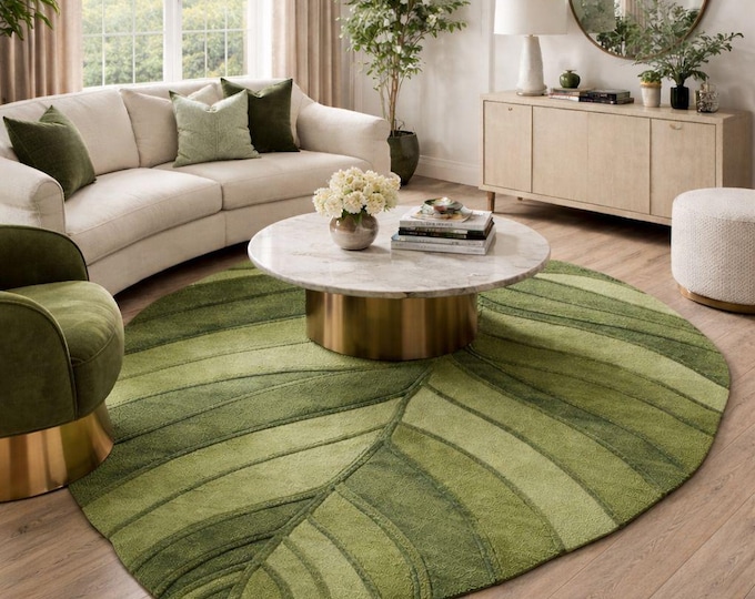 Hand Tufted Leaf Rug, Abstract Moss Green Scandinavian Carpet, Boho Nature Decor