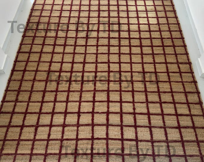 Handcrafted Jute Rug – Neutral Beige with Burgundy Grid | Modern Natural Fibre Area Rug