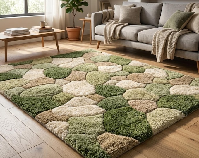 Hand Tufted Moss Green Pebble Stone Rug | 3D Textured Modern Living Room Carpet