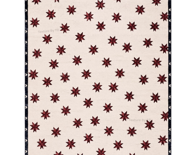 Primitive Star Quilt Rug – Handmade Country Farmhouse Area Rug with Burgundy 8-Point Stars