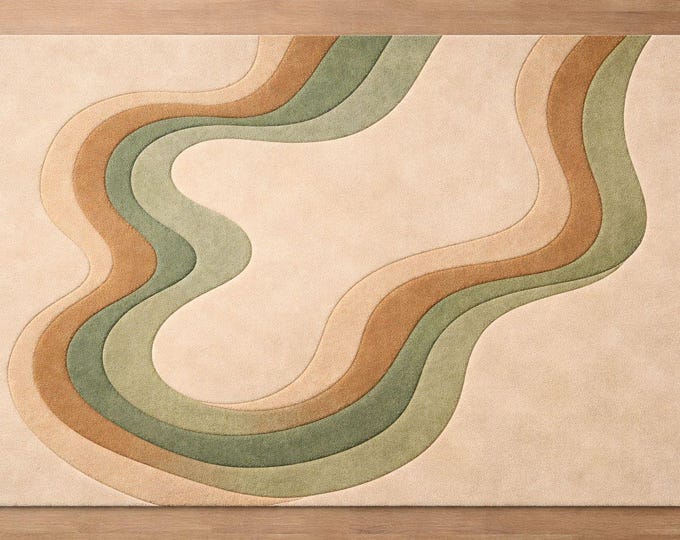 Hand Tufted Abstract Rug, Ecru Beige Wavy Carpet, Neutral Green Brown Accents
