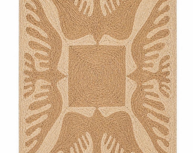 Hand-Braided Jute Rug | Natural Fiber Abstract Geometric Area Carpet, Earth Tone Living Room Accent