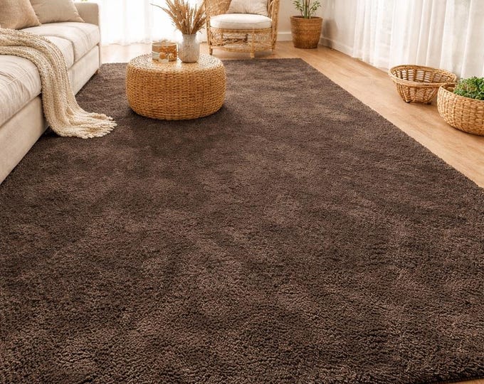 Plush Dark Brown Hand-Tufted Carpet – Soft Shaggy Modern Area Rug