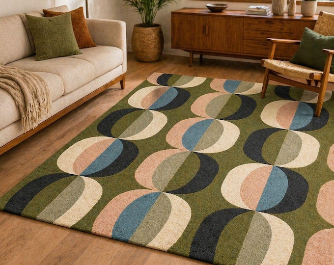 Mid Century Modern Atomic Oval Rug, Retro Geometric Carpet, Scandinavian Green 70s Style