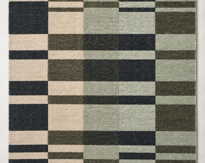 Artisan Handloom Patchwork Rug, Green Geometric Area, Heavy Traffic Carpet, Living Room Hallway Statement