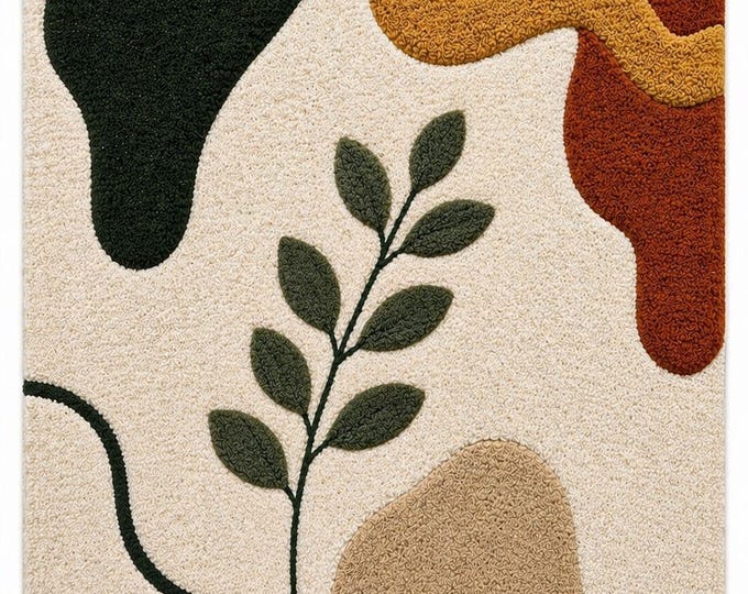 Hand Tufted Wool Rug, Abstract Botanical Organic Shape, Beige Terracotta Boho Area rug