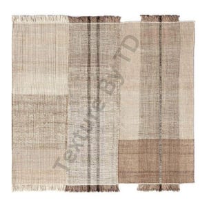 May include: A rectangular rug with a patchwork design in shades of beige and brown. The rug features vertical stripes and fringed edges. The texture appears woven, with a natural, neutral aesthetic.