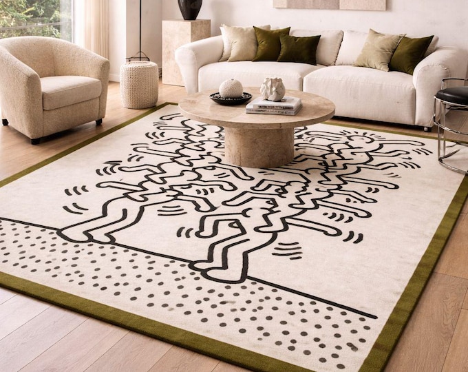 Abstract Dancing Figures Print, Keith Haring Inspired Line Art, Modern Minimalist Wall Art rug