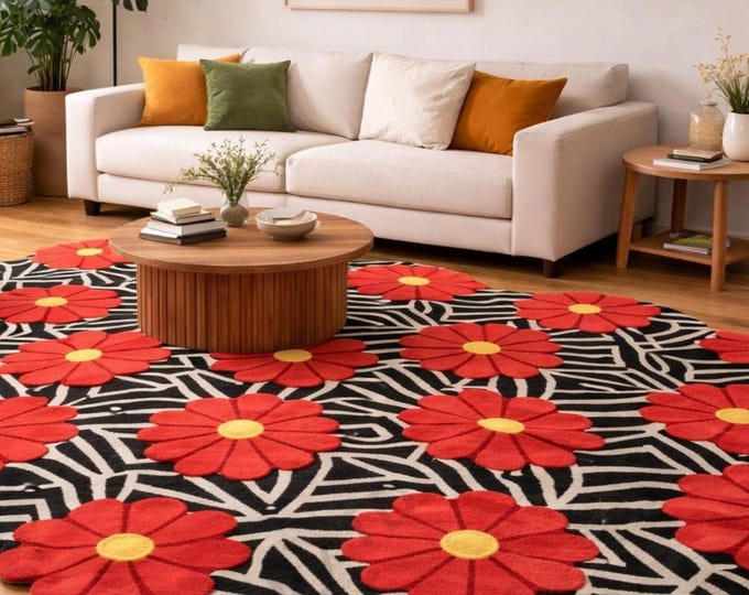 Handmade Floral Wool Rug, Irregular Flower Shape, Black White Geometric Coral Daisy Design