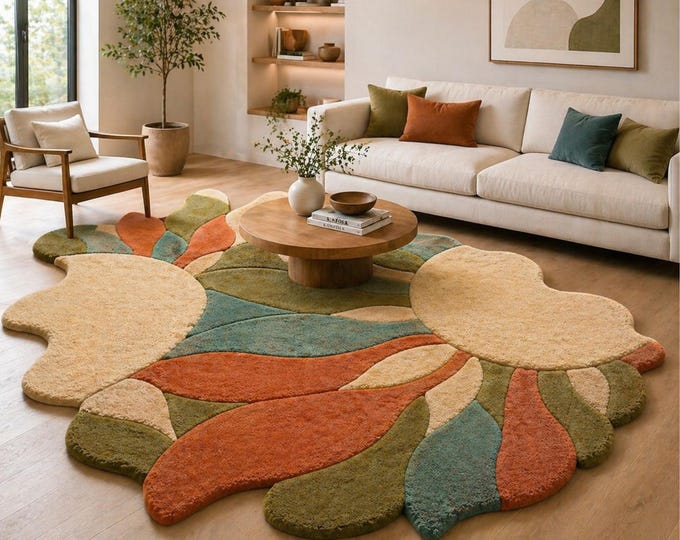 Abstract Leaf Area Rug, Organic Shape, Botanical Design, Green Rust Beige, Boho Scandinavian Style