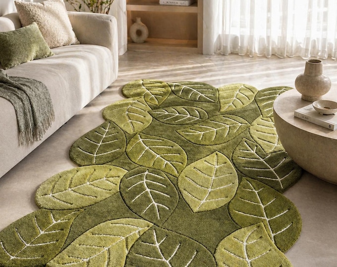 Leaf Shape Area Rug, Botanical Green Carpet, Nature Inspired Boho Scandinavian Home