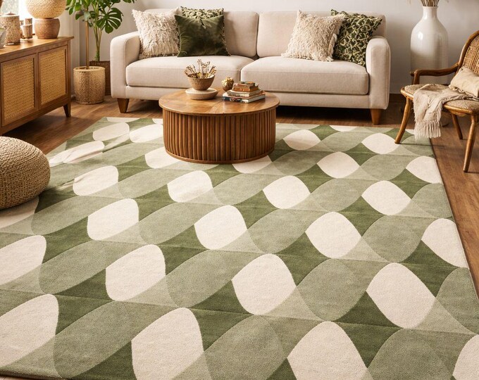 70s Geometric Hand Tufted Rug | Olive Green Abstract Oval Carpet | Scandinavian Minimalist Floor Decor