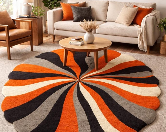 Handmade Wool Area Rug, Mid Century Modern Groovy Wave, Sunset Orange Black Grey Cream