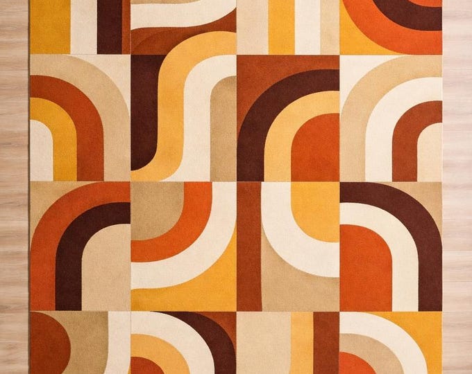 Hand Tufted Curve Block Rug | Mid Century Abstract Geometric Carpet | Warm Retro Floor Decor