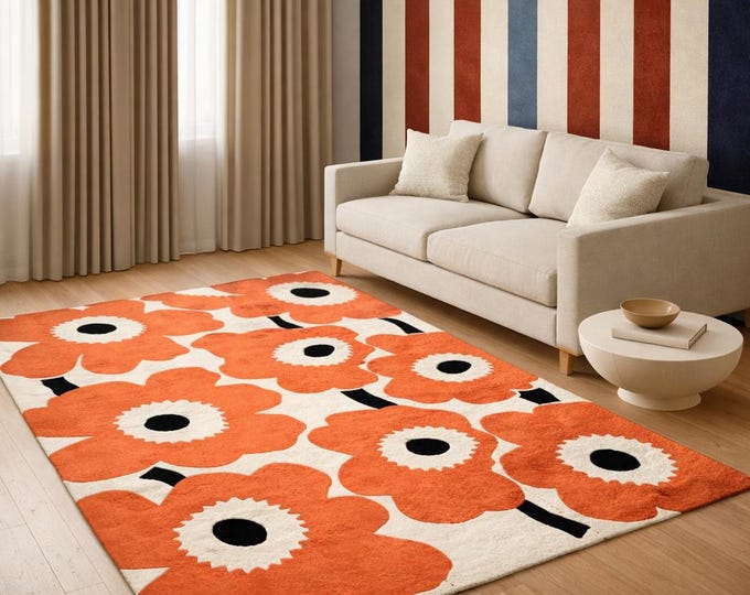 Hand Tufted Modern Orange Area Rug – Abstract Floral Wool Carpet – Contemporary Living Room Bedroom