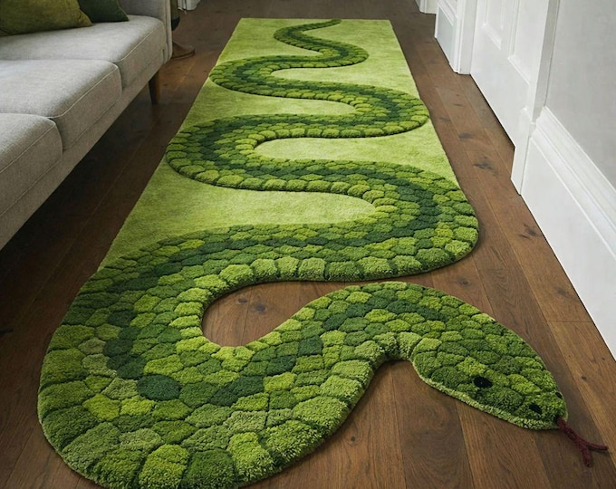 Handmade Snake Rug – Tufted Wool, Moss Green Serpentine Carpet, Living Room Runner