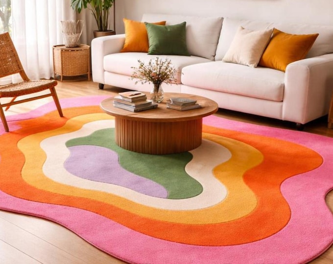 Retro Groovy Wave Area Rug, Mid Century Modern Abstract Carpet, Sunset Colors Home Decor