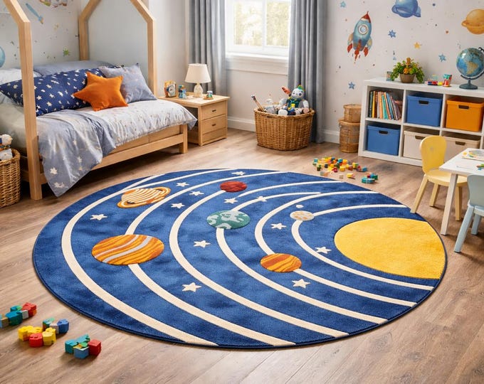Hand Tufted Solar System Rug, Round Galaxy Carpet, Educational Playroom Decor