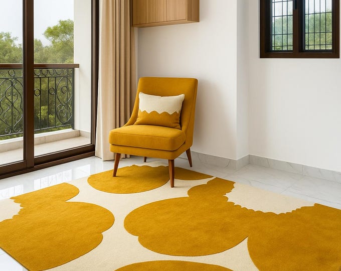 Hand Tufted Wool Area Rug – Modern Flower Carpet, Cream and Gold