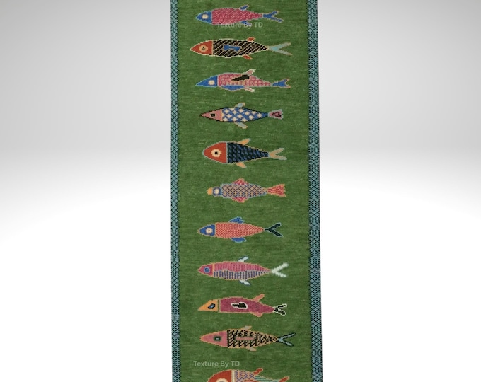 Hand Knotted Wool Green Fish Rug Runner | Tribal Boho Nautical Anatolian Carpet