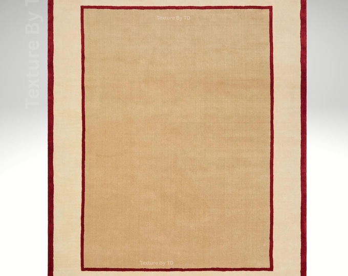 Handloom Wool Carpet, Beige Area Rug with Red Border, Minimalist Living Room Decor