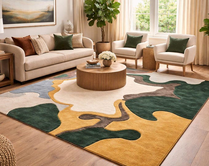 Hand Tufted Abstract Rug, Modern Earth Tone Organic Carpet, Scandinavian Floor Art