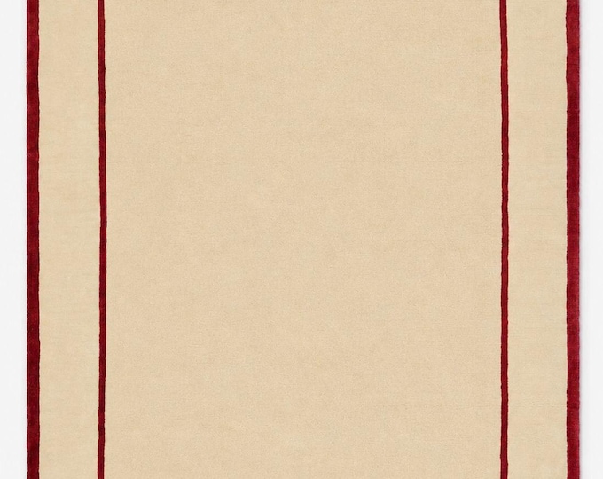 Handloom Wool Carpet, Beige Area Rug with Red Border, Minimalist Living Room Decor