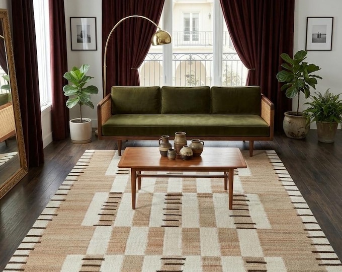 Handwoven Jute Wool Rug | Modern Geometric Natural Area Carpet