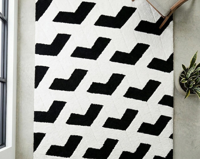 Black White 3D Geometric Diamond Wool Rug | Modern Minimalist Living Room Carpet