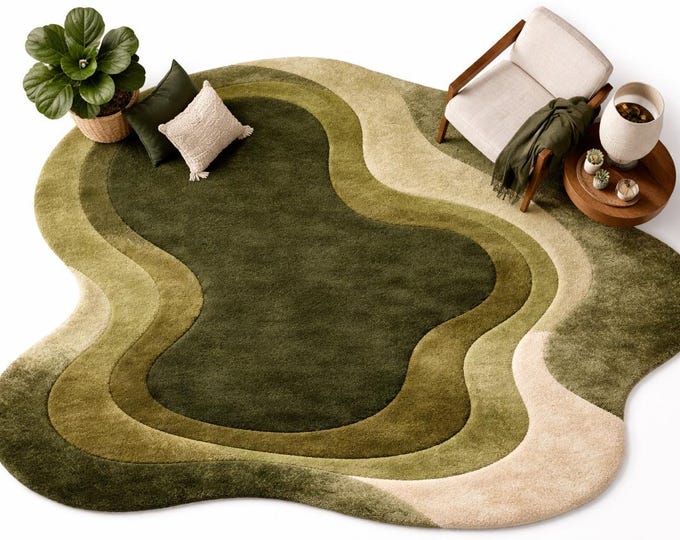 Hand Tufted Green Pebble Rug | Neutral Soft Wool Area Carpet