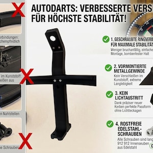 Puede incluir: Soporte de montaje negro para diana con el texto "AUTODARTS: VERBESSERTE VERSION F&Uuml;R H&Ouml;CHSTE STABILIT&Auml;T!". Incluye diagramas de roscas met&aacute;licas y tornillos de acero inoxidable. Dise&ntilde;ado para m&aacute;xima estabilidad.