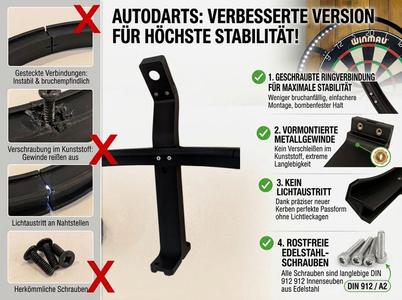 Puede incluir: Soporte de montaje negro para diana con el texto "AUTODARTS: VERBESSERTE VERSION F&Uuml;R H&Ouml;CHSTE STABILIT&Auml;T!". Incluye diagramas de roscas met&aacute;licas y tornillos de acero inoxidable. Dise&ntilde;ado para m&aacute;xima estabilidad.