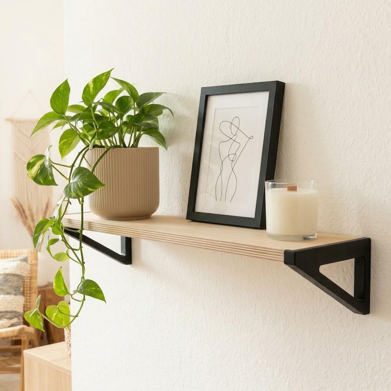Birch plywood wall shelf, 16 cm deep – custom-sized shelf board, black designer brackets, up to 15 kg