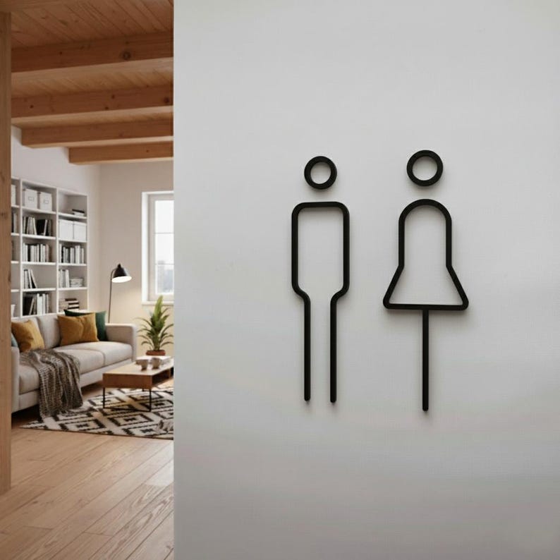 Modern 3D printed toilet sign | Self-adhesive toilet sign for men and women | Guest toilet door sign | Bathroom pictogram | Unisex bathroom design