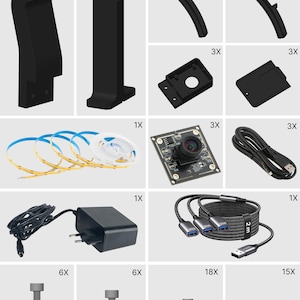 Puede incluir: Un conjunto de componentes negros, incluyendo soportes, piezas curvas y un m&oacute;dulo de c&aacute;mara. Tambi&eacute;n se incluyen tiras LED, un adaptador de corriente, cables y tornillos etiquetados M4x16, M4x12, M3x8 y M2x6.