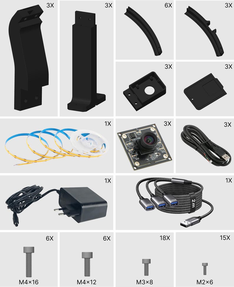 Puede incluir: Un conjunto de componentes negros, incluyendo soportes, piezas curvas y un m&oacute;dulo de c&aacute;mara. Tambi&eacute;n se incluyen tiras LED, un adaptador de corriente, cables y tornillos etiquetados M4x16, M4x12, M3x8 y M2x6.