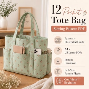 12 Pocket Tote Bag Sewing Pattern PDF, Beginner Friendly Organizer Shopper (Digital Download)